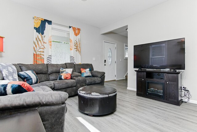 living area featuring wood finished floors and baseboards