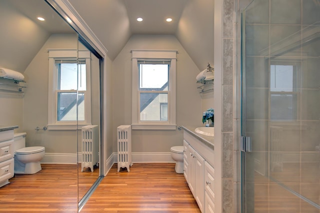 bathroom featuring toilet, radiator heating unit, vanity, baseboards, and lofted ceiling