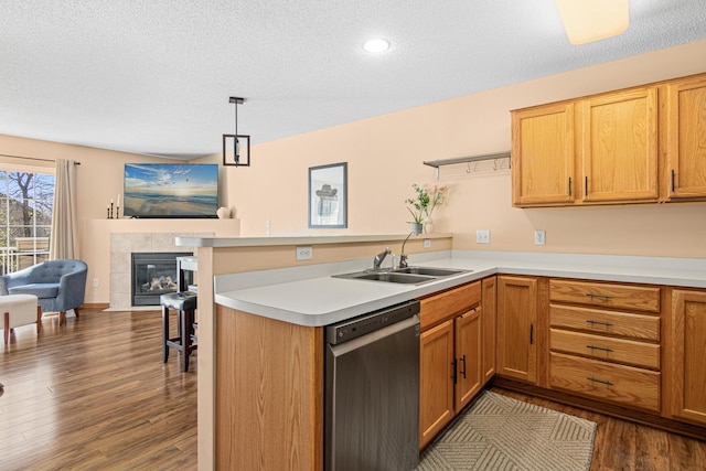 kitchen with dark wood-style flooring, a sink, a peninsula, open floor plan, and stainless steel dishwasher