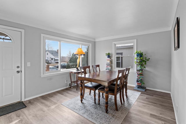 dining space featuring baseboards, plenty of natural light, and light wood-style floors