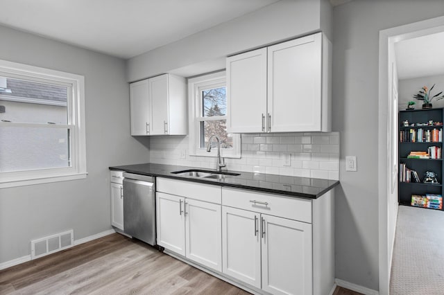 3610 3rd St NE, Minneapolis, MN 55418 - kitchen with a sink, dishwasher, tasteful backsplash, light wood-style flooring, and white cabinets