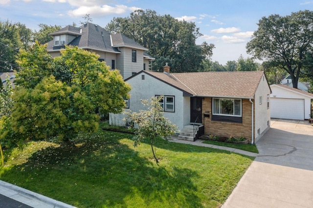 view of front of house featuring roof with shingles, a garage, a chimney, and a front yard