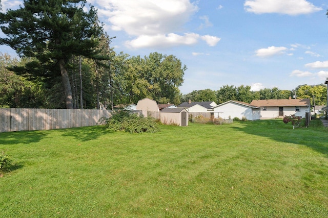 view of yard featuring an outdoor structure, fence, and a storage unit