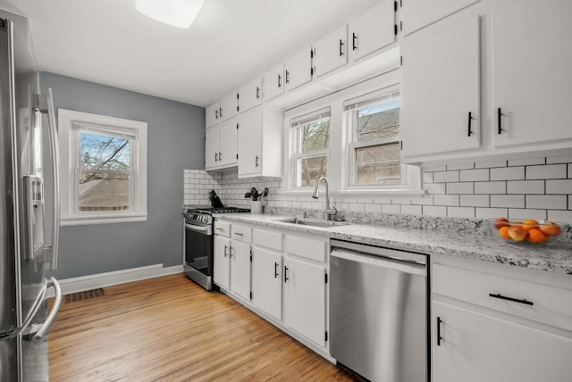 kitchen featuring baseboards, light wood-type flooring, white cabinets, a sink, and appliances with stainless steel finishes