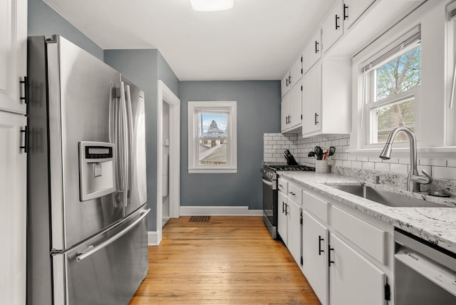 kitchen featuring backsplash, a sink, light wood-style floors, stainless steel appliances, and white cabinetry