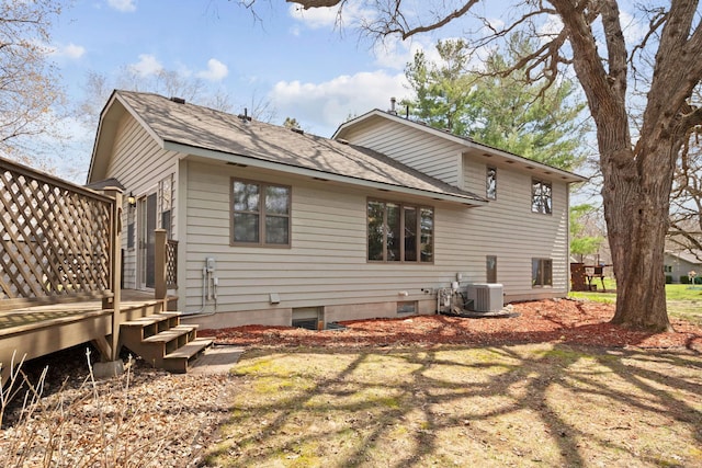 612 19th St N, Sartell, MN 56377 - rear view of house with central AC unit, a shingled roof, and a wooden deck