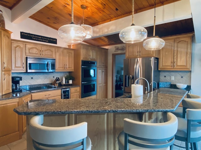 kitchen featuring appliances with stainless steel finishes, beam ceiling, beverage cooler, tasteful backsplash, and wood ceiling