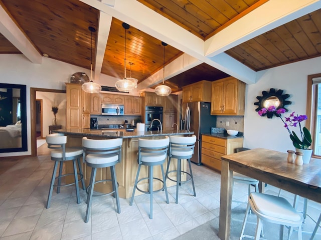 kitchen with decorative backsplash, beamed ceiling, wooden ceiling, and stainless steel appliances