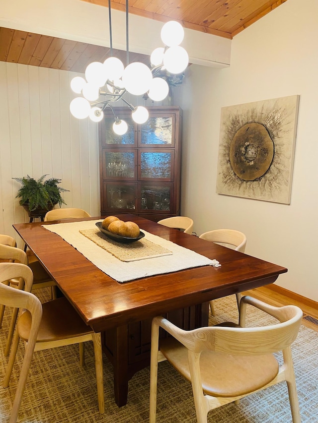 dining space with a chandelier, wooden ceiling, and wood finished floors
