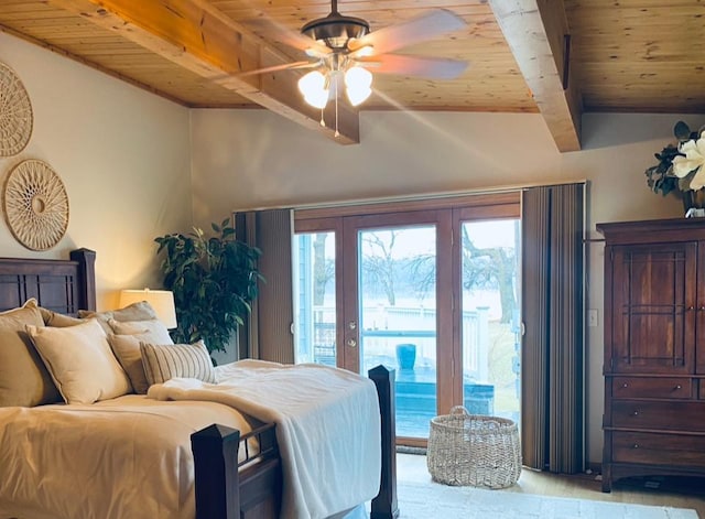 bedroom with access to outside, vaulted ceiling with beams, wood ceiling, and light wood-style floors