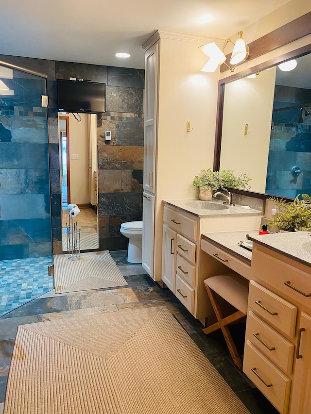 full bathroom featuring vanity, a stall shower, and toilet