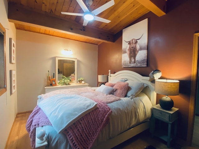 bedroom with wooden ceiling, beam ceiling, and wood finished floors