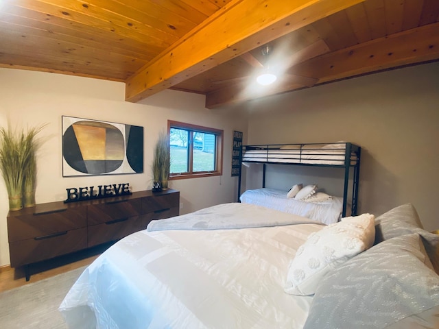 bedroom featuring wood ceiling and beamed ceiling