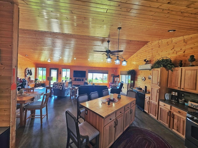 49818 Long Lake Trl, Bigfork, MN 56628 - kitchen with wooden ceiling, black gas stove, plenty of natural light, lofted ceiling, and wood walls