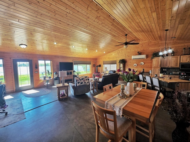49818 Long Lake Trl, Bigfork, MN 56628 - dining room with concrete floors, vaulted ceiling, a ceiling fan, and wooden ceiling