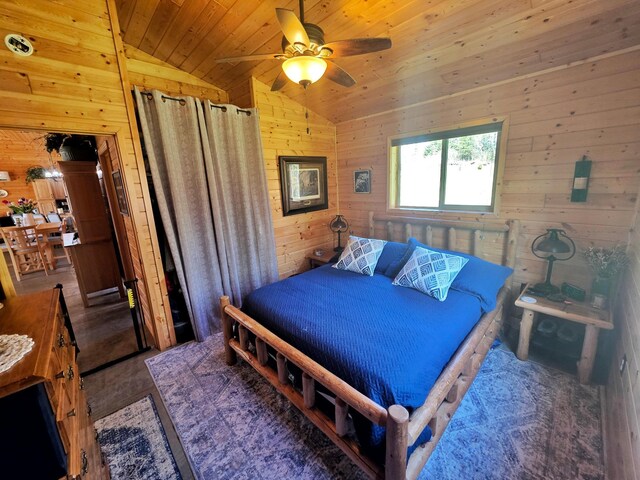 49818 Long Lake Trl, Bigfork, MN 56628 - bedroom with lofted ceiling, wooden walls, wooden ceiling, and a ceiling fan