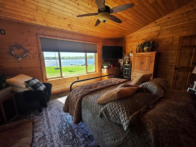 49818 Long Lake Trl, Bigfork, MN 56628 - bedroom with vaulted ceiling, wooden walls, ceiling fan, and wooden ceiling