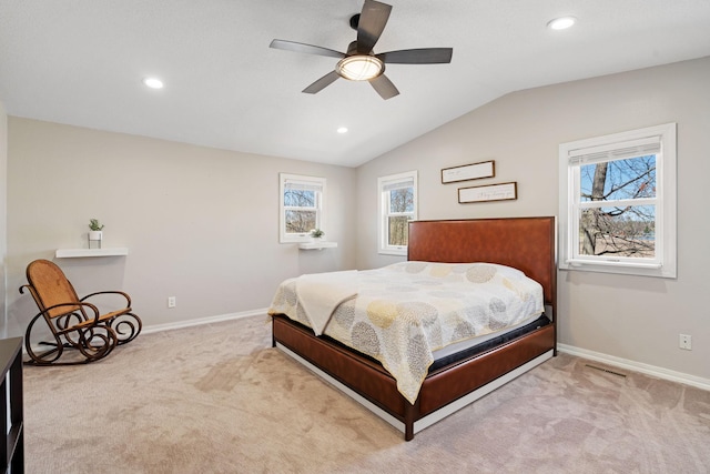 695 Pine Lake Ln, Bone Lake Twp, WI 54837 - carpeted bedroom with vaulted ceiling, baseboards, a ceiling fan, and recessed lighting