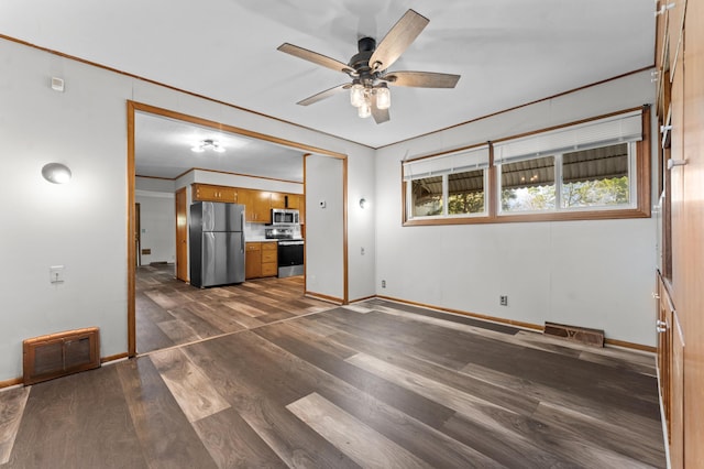 7544 4th Ave S, Richfield, MN 55423 - unfurnished living room featuring baseboards, a ceiling fan, and dark wood-style flooring