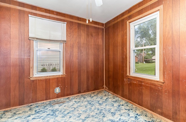 316 Main St, Belle Plaine, MN 56011 - spare room with wooden walls, ceiling fan, and carpet flooring