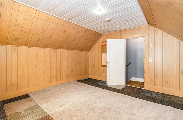 316 Main St, Belle Plaine, MN 56011 - additional living space with wooden walls, lofted ceiling, and dark colored carpet