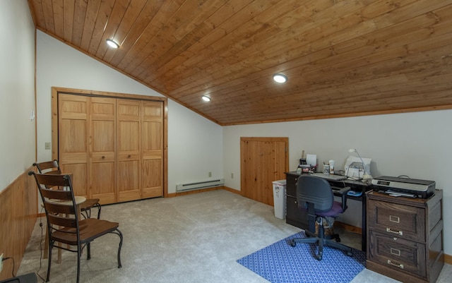 carpeted office space featuring wooden ceiling, a baseboard heating unit, recessed lighting, and lofted ceiling