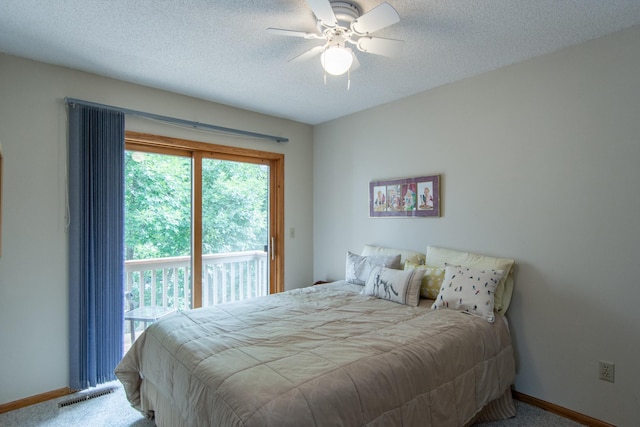 bedroom featuring carpet floors, access to outside, baseboards, and ceiling fan