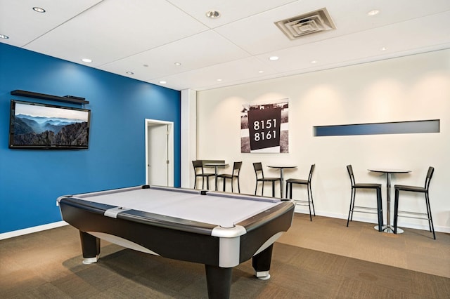 game room featuring carpet floors, baseboards, pool table, and visible vents