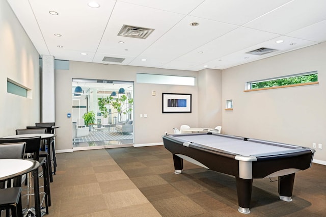 recreation room featuring recessed lighting, carpet, baseboards, and visible vents