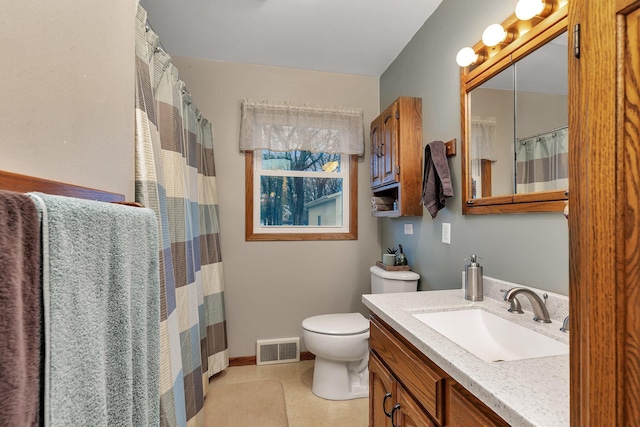 full bath with visible vents, toilet, and vanity