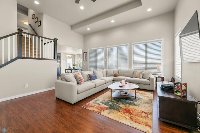 living room featuring recessed lighting, baseboards, a ceiling fan, and wood finished floors