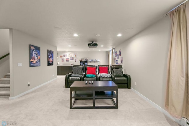 living room featuring stairs, recessed lighting, and light colored carpet