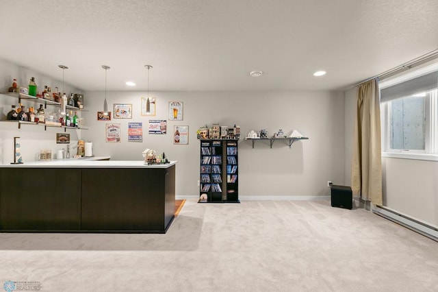 bar with pendant lighting, recessed lighting, baseboards, a baseboard heating unit, and light carpet