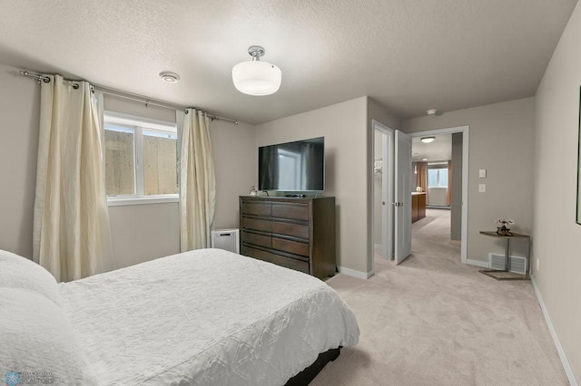 bedroom featuring light colored carpet, multiple windows, a textured ceiling, and baseboards