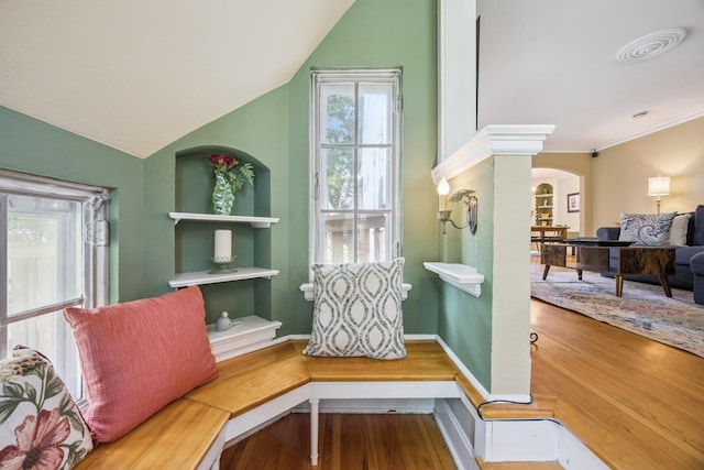 4904 11th Ave S, Minneapolis, MN 55417 - sitting room featuring arched walkways, wood finished floors, lofted ceiling, and plenty of natural light