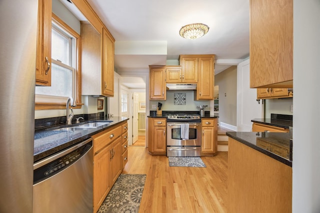 4904 11th Ave S, Minneapolis, MN 55417 - kitchen with stainless steel appliances, under cabinet range hood, light wood-style flooring, radiator heating unit, and dark stone countertops