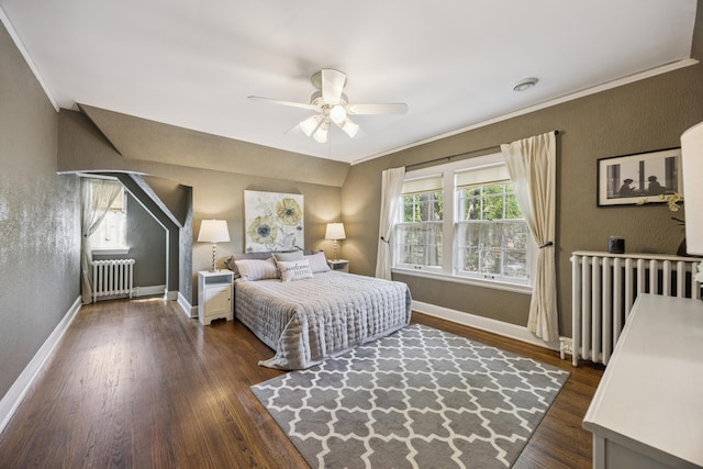 4904 11th Ave S, Minneapolis, MN 55417 - bedroom featuring radiator, dark wood-style floors, crown molding, and ceiling fan