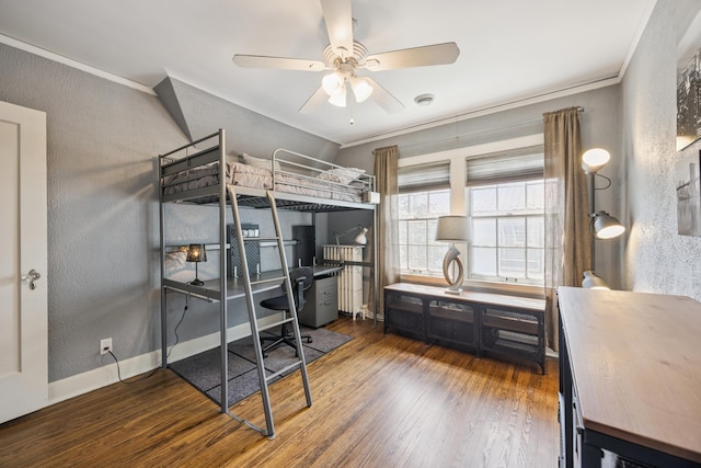4904 11th Ave S, Minneapolis, MN 55417 - bedroom with wood finished floors, ornamental molding, a desk, a textured wall, and a ceiling fan