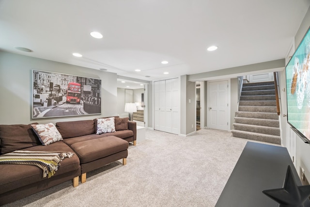 4904 11th Ave S, Minneapolis, MN 55417 - living area featuring stairs, light carpet, and recessed lighting