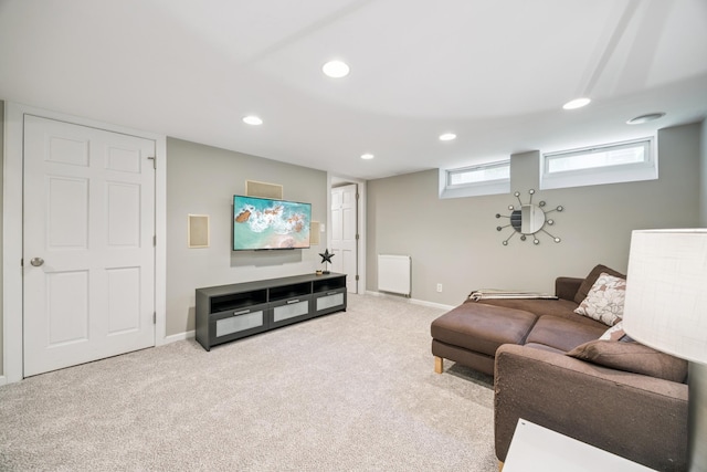 4904 11th Ave S, Minneapolis, MN 55417 - living area featuring carpet floors, recessed lighting, and radiator
