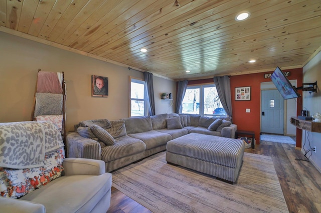 living room with wood ceiling, recessed lighting, and wood finished floors