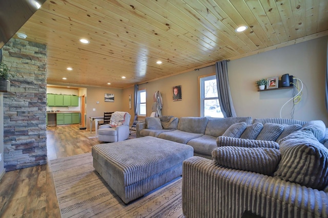 living room featuring wood ceiling, recessed lighting, and wood finished floors