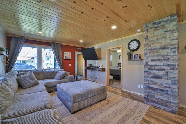 living area featuring crown molding, recessed lighting, baseboards, wooden ceiling, and wood finished floors