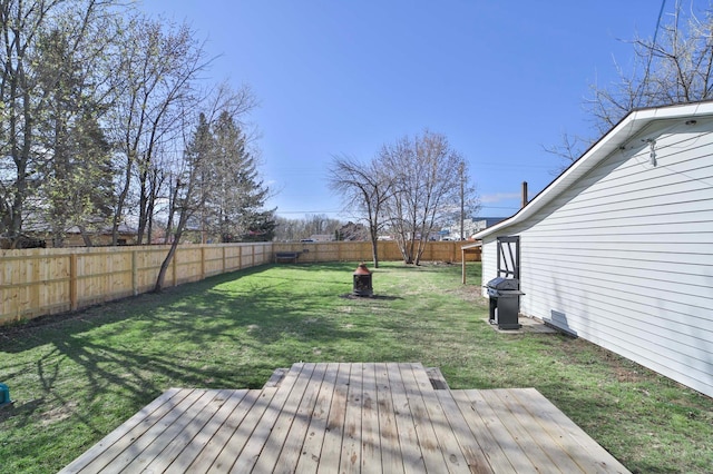 view of yard with a fenced backyard and a wooden deck