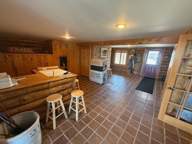 kitchen with wood walls