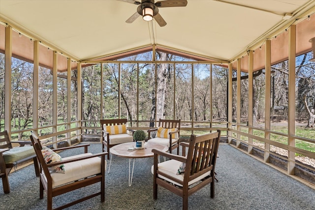 1206 Pinecrest Ln, New Richmond, WI 54017 - sunroom / solarium featuring ceiling fan, an outdoor hangout area, plenty of natural light, and vaulted ceiling