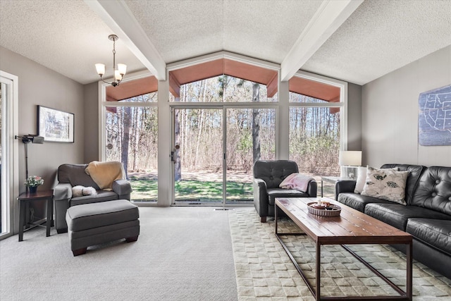 1206 Pinecrest Ln, New Richmond, WI 54017 - carpeted living area featuring a textured ceiling and a chandelier