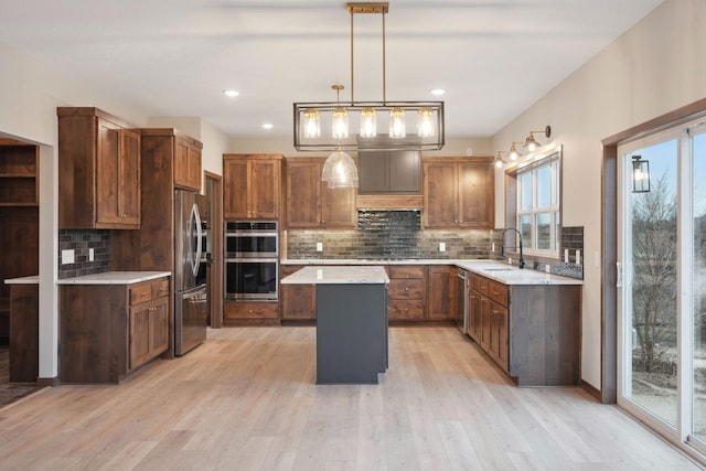 kitchen with light wood finished floors, a sink, stainless steel appliances, decorative backsplash, and a kitchen island