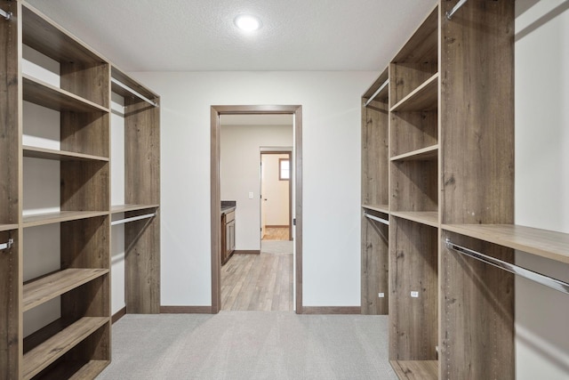 walk in closet featuring light colored carpet
