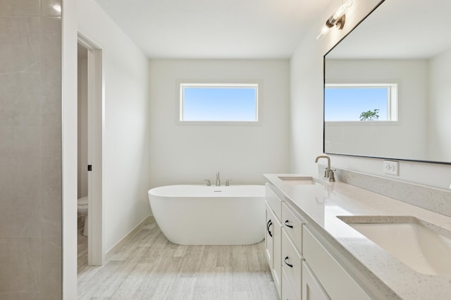 21959 Edison Ct NW, East Bethel, MN 55011 - full bathroom featuring double vanity, a freestanding bath, wood finished floors, and plenty of natural light